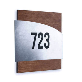 Door Number Sign: Wood & Stainless Steel — "Wave" Design